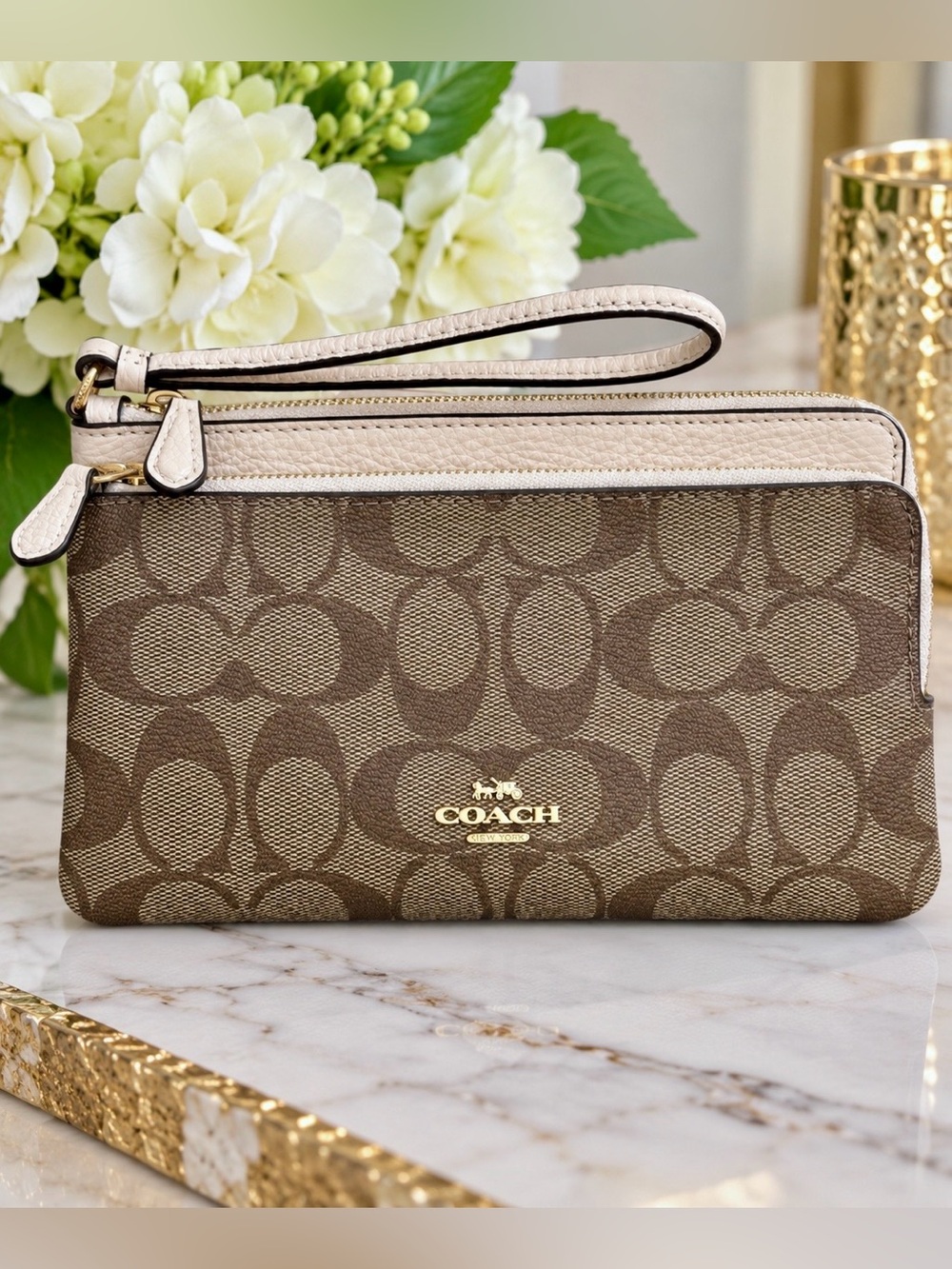 Coach C5576 Double Zip Wristlet Wallet Signature Canvas Brown Leather Phone Case